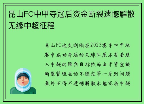 昆山FC中甲夺冠后资金断裂遗憾解散无缘中超征程
