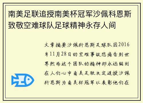 南美足联追授南美杯冠军沙佩科恩斯致敬空难球队足球精神永存人间